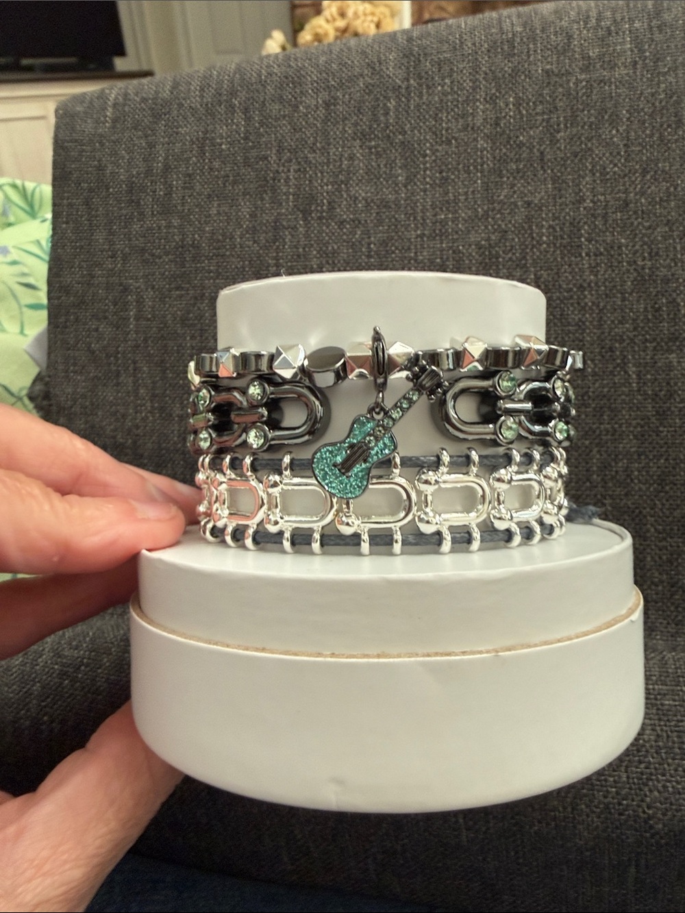Bomb party Spring 2026 staxSilver-Tone Multi-Row Bracelet with Teal Guitar Charm
